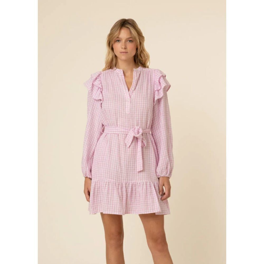 FRNCH Paris Purple White Check Gingham Ruffle Button Waist Tie Mini Dress Small
